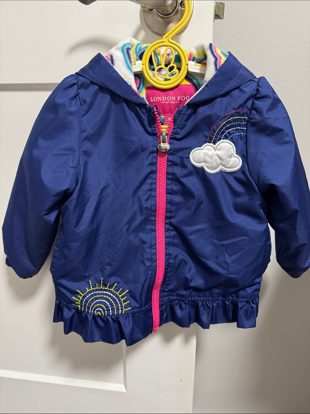 London Fog Navy Hooded Raincoat with Rainbow & Pink Zipper